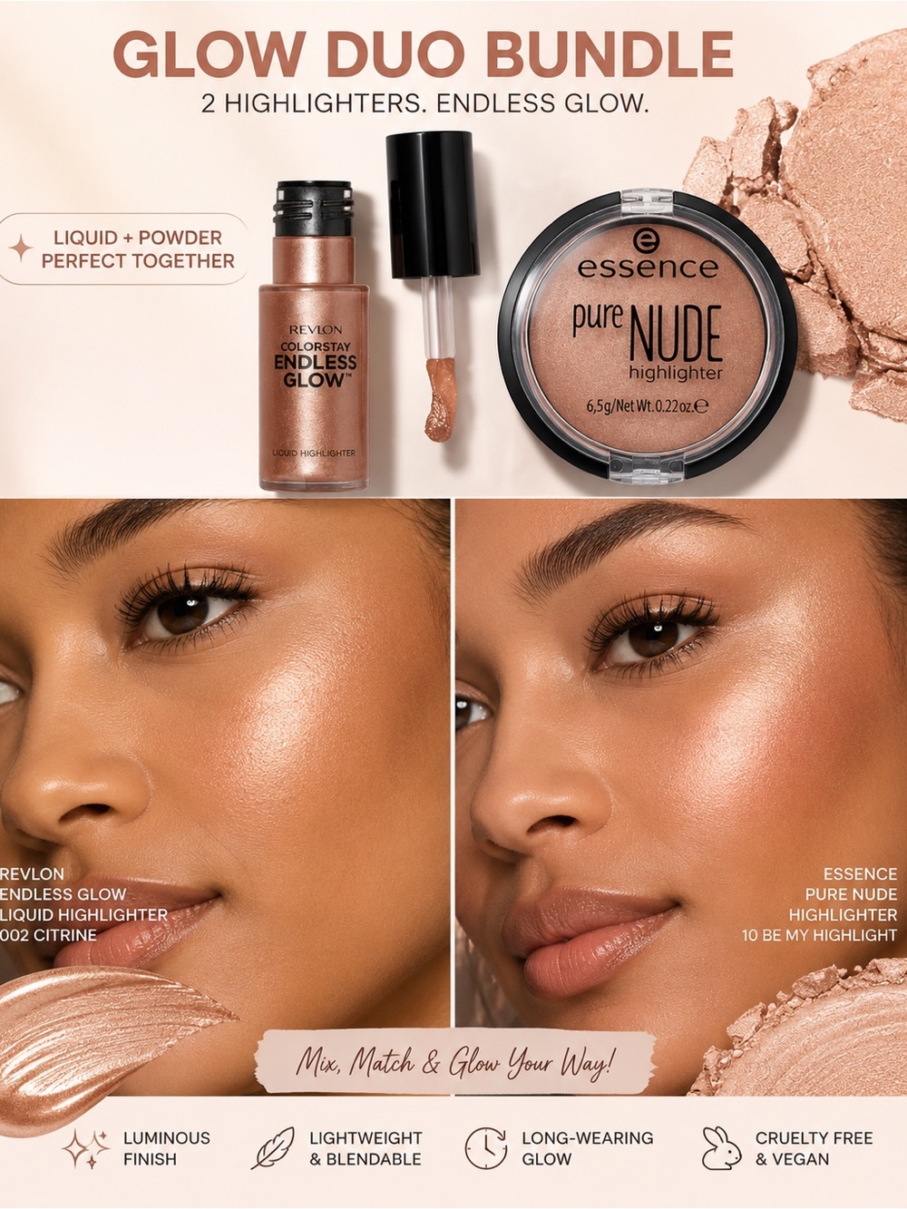 Revlon Endless Glow Rose Quartz & Essence Pure Nude Highlighter Duo